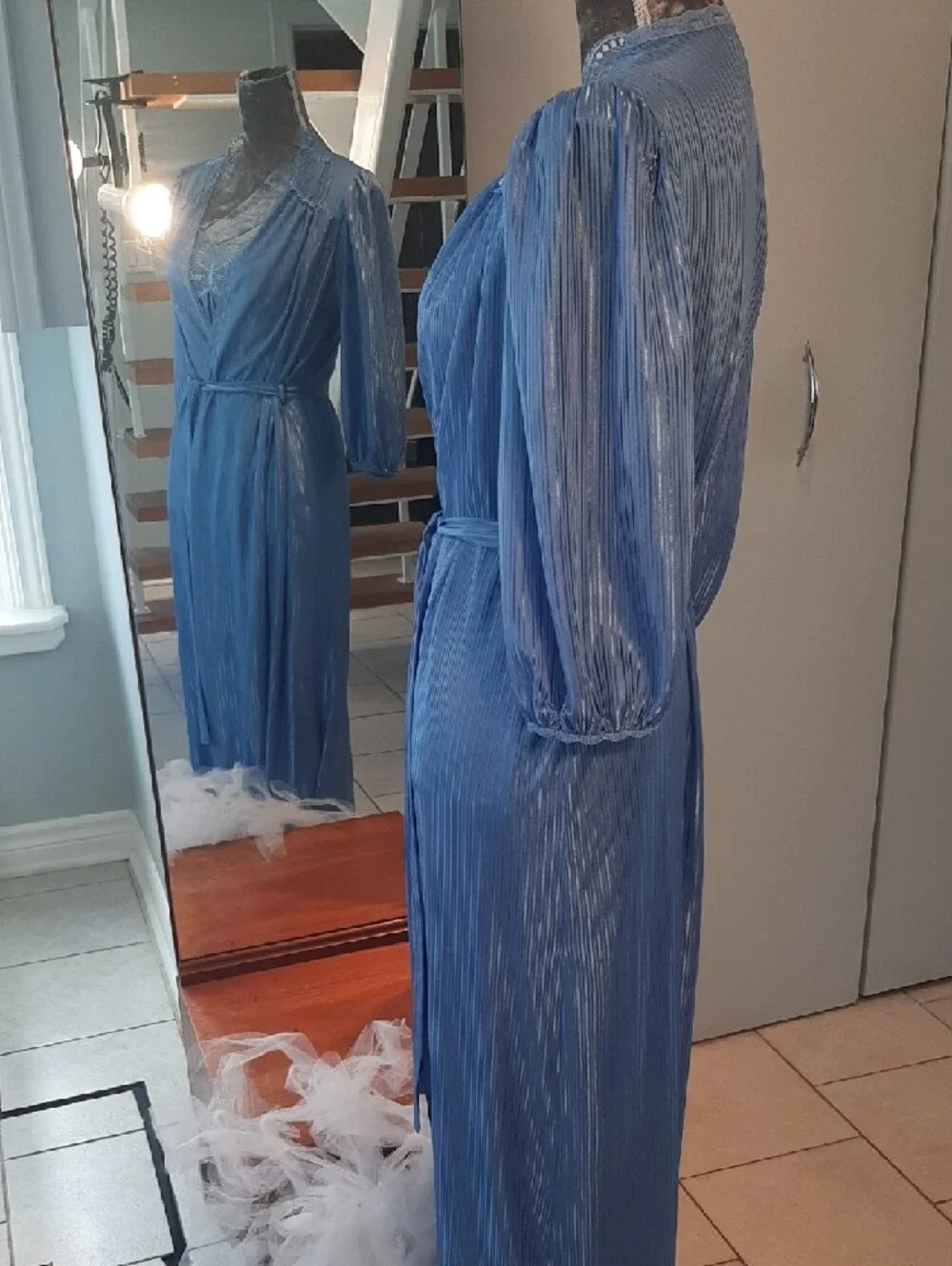 🦋COORD SET🦋BUTTERFLY Light Blue VINTAGE Negligee+Wrap Robe Self-Tie Belt Sz M - Picture 6 of 11